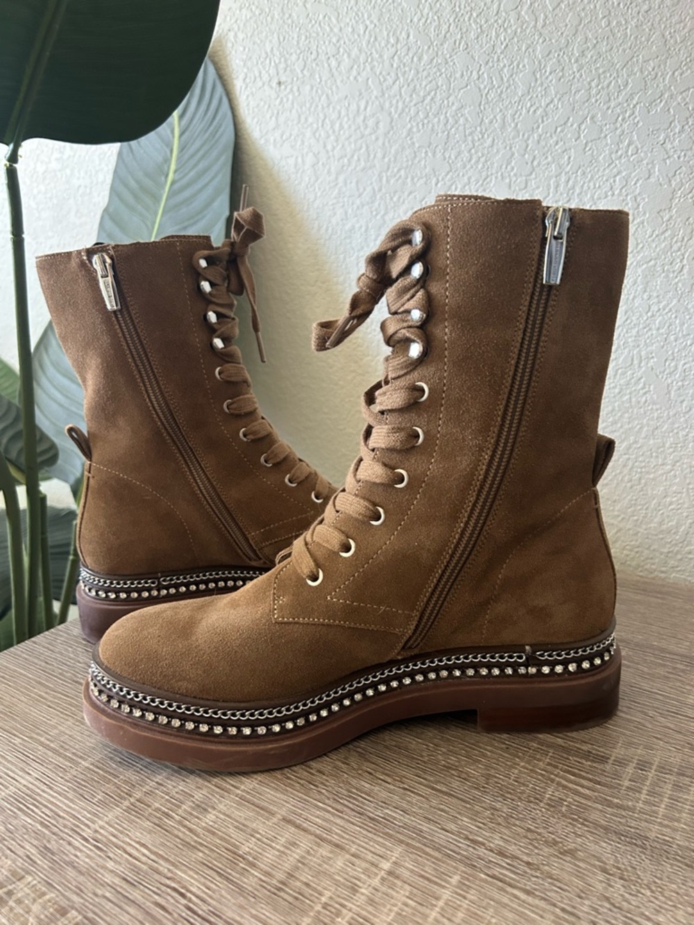 Vince Camuto Branda Studded Suede Lace Up Moto Combat Booties - Picture 4 of 7